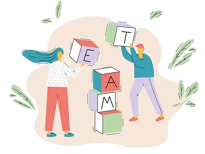 teamwork concept 2d art ai app boy charachter concept cubes flat girl illustration team teambuilding teamwork ui ux vector