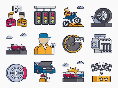 Racing Icon Set auto car design drive fast finish flag helmet icon illustration isolated race set sign speed sport symbol trophy vector wheel