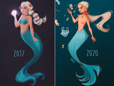 Redraw challenge - 2017 vs 2020 art challenge character character design digital art digital drawing digital illustration drawing illustration mermaid old art painting procreate redraw