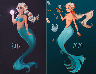 Redraw challenge - 2017 vs 2020 art challenge character character design digital art digital drawing digital illustration drawing illustration mermaid old art painting procreate redraw