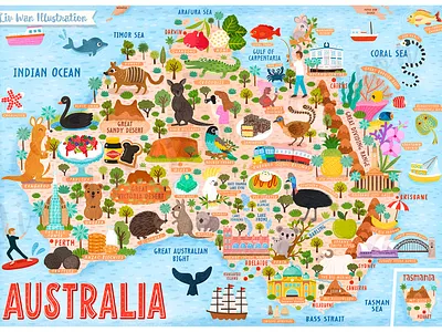 Australia Map Illustration animal illustration art licensing australia australia illustration australia illustration childrens book art childrens book illustration design editorial illustration food illustration jigsaw map map art map illustration map maker puzzle travel illustration vector