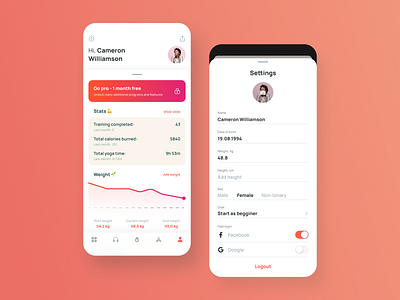 Flow. Yoga app profile screen. app chart colors detail ios minimal profile settings stat stats ui weight yoga app