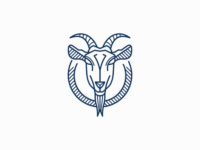 Line Art Goat Logo for Sale animal blue branding circle design emblem face geometric goat horns illustration lines logo mark original premium sale symmetric vector zoo