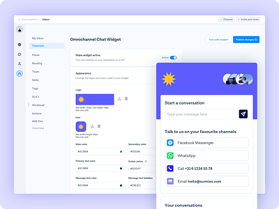 Omnichannel Chat Widget Settings amsterdam bird channel channels chat chatbot communications dashboard icons message messagebird omnichannel sms ui whatsapp widget