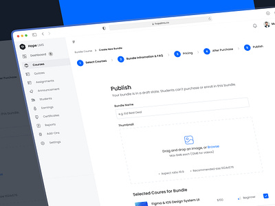 After Purchase & Publish bundle course bundle name clean ui create course creation process form learning management system learning platform lms design lms web app minimalist online teaching progress publish sidebar steps tabs thank you message upload preview upsell