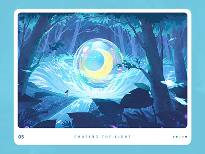 Chasing the light forest girl illustration lake moon nature night plants tree water