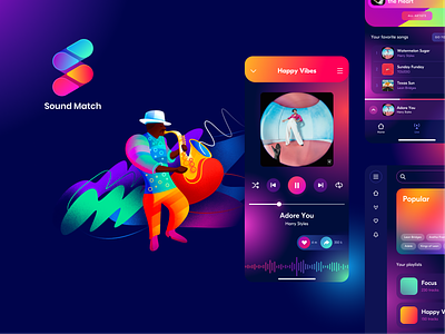 Sound Match app & illustrations app branding bright colorful design gradient illustration interface listen logo logotype music musician procreate sound