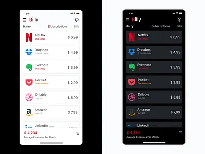 Billy - Subscription Manager app design appstore bills branding dark design hsg instagram ios light mobile app design netflix reminder subscriptions ui