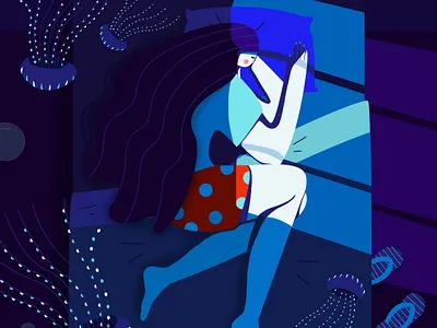 The unexpected guest 🌊 bed character character design dark flat girl hair illustration illustrator jellyfish night sleep sleeper window