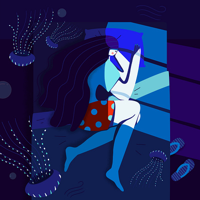 The unexpected guest 🌊 bed character character design dark flat girl hair illustration illustrator jellyfish night sleep sleeper window