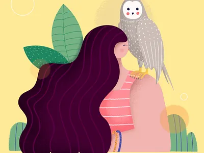Owl you need is love 🦉💚❤️ animal bird character design flat girl happy illustrator love nature owl photoshop stylized yellow
