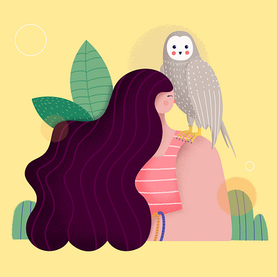 Owl you need is love 🦉💚❤️ animal bird character design flat girl happy illustrator love nature owl photoshop stylized yellow