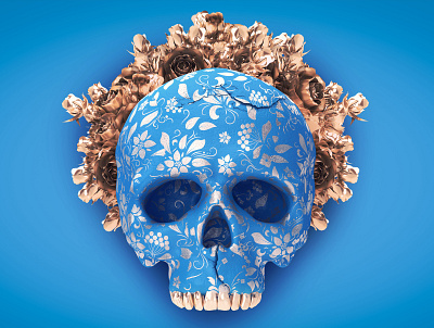 Floral 3d abstract art color death flower gold head human render skull texture wreath