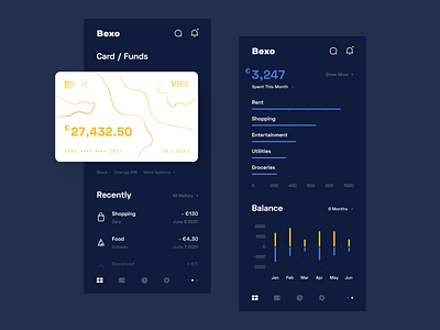 Bank Dashboard - Mobile App - Dark Mode account app banking card chart clean credit card dark mode dashboard finance funds minimal mobile product design simple statistics ui uiux ux wallet