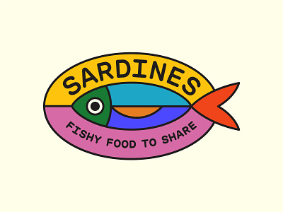 Sardine Badge blue branding can design eye fish flat food green icon illustration logo ocean pink red sardine sea vector water yellow