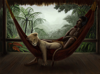 Leisure Time hammock illustration jungle lion music pet rain