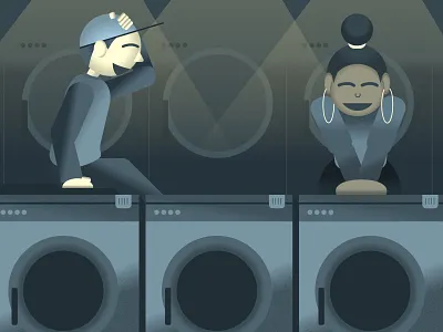 At the laundry mat black conversation grainy laugh laundry mat love white