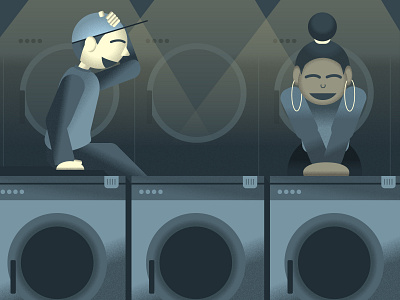 At the laundry mat black conversation grainy laugh laundry mat love white