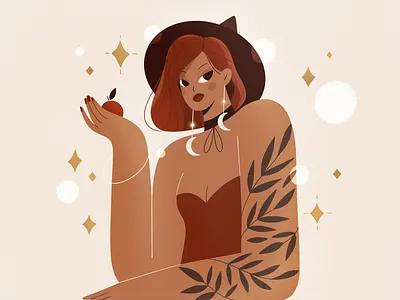 Witch 2d apple character characters flat girl illustration people procreate shape stars tattoo texture witch woman