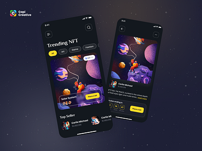 NFTs Marketplace - UI Concept app auction bid capi card creative crypto darkmode home marketplace nfts trending ui yellow