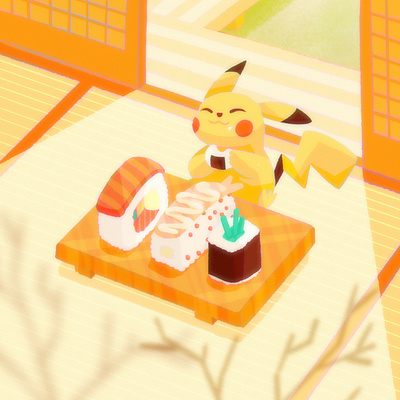 Pikachu in natural habitat cafe character colour palette cute drawing food happy illustration inspiration japan japanese logo design orange pikachu pokemon procreate relax simple sushi yellow
