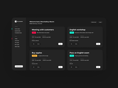 Educational Project — My calendar (Night) calendar concept dark design logo task task list task manager ui ux website