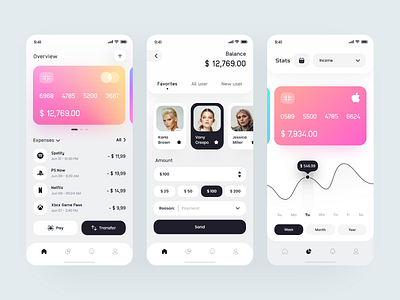 Wallet Design App 💎 app application bank banking clean clean app credit card crypto finance gradient interface ios app minimal mobile banking payment stats transaction ui ux wallet