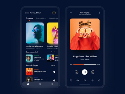 Podcast App Dark Mode app app design dark mode dark ui design dribble shot figma minimal mobile app mobile ui podcast ui