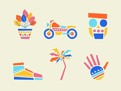 Pebbles california color face hand illo illustration inspiration moto motorcycle palm pebbles plant retro shapes shoe skull summer vector wave waving