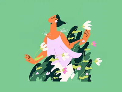 Windy day character character design field flat illustration flowers holidays illustration 2d lazy day may park plant spring vector wind windy day