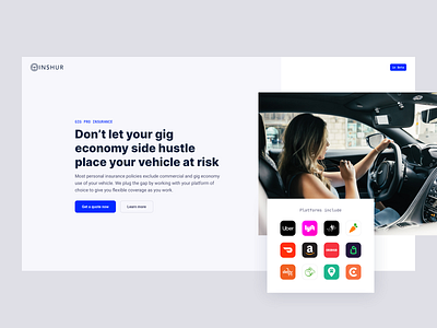 Inshur Gig Pro clean desktop homepage landing page minimal simple ui ux web website