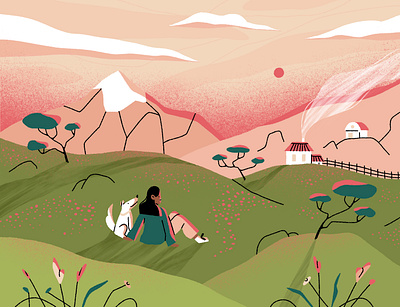 calm. character character design companion countryside dog field girl illustration landscape mountains nature plants sunset