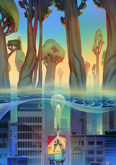 WaterWorld city environment forest house illustration sunset trees water