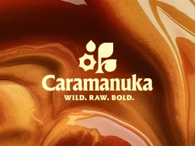 Caramanuka Logo brand brand identity branding brown caramel graphic design honey leaf logo logotype manuka mark plant sweet symbol yellow