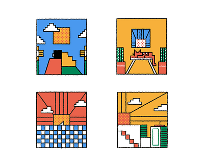 Mini stories beach cactus cat character city couple editorial flat flowers geometry icon illustration love ocean square sun texture