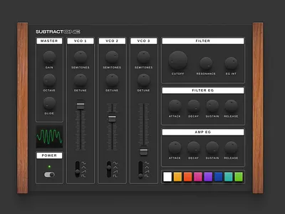 SUBTRACT ONE | An analog inspired Web Audio Synthesizer development instrument knob minimal music product realism skeuomorph skeuomorphism slider sound synthesizer technology toggle ui webaudio