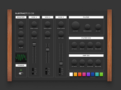 SUBTRACT ONE | An analog inspired Web Audio Synthesizer development instrument knob minimal music product realism skeuomorph skeuomorphism slider sound synthesizer technology toggle ui webaudio