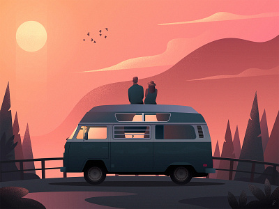 Travelers birds camper car clouds couple covid19 fireart forest illustration journey landscape missing mountains old car poster quarantine sunset travelers trees van