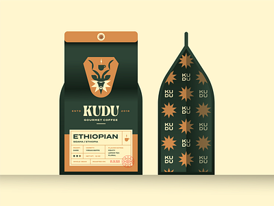 Brandimals 11 - Kudu africa animal antelope antler bag bean caffeine coffee cup custom type ethiopia geometric illustration label logo package packaging roast star