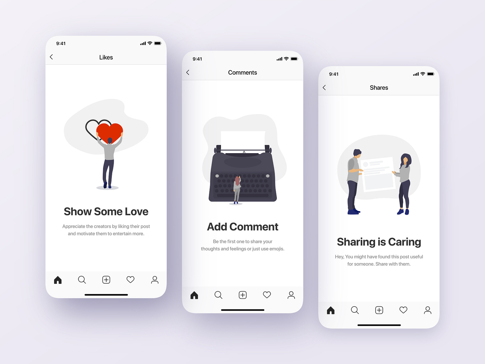 Like, Comment & Share | Empty States Screens by Vatsal Mehta on Dribbble