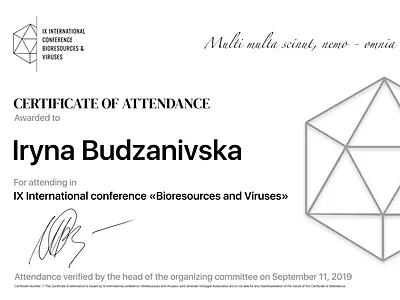 ICBV Certificate of Attendance by Bella Agency bella bella agency bella agency llc bella for science conference covid 19 design icbv innovation logo science ukrainian virologist association virology virus web design wwdc20