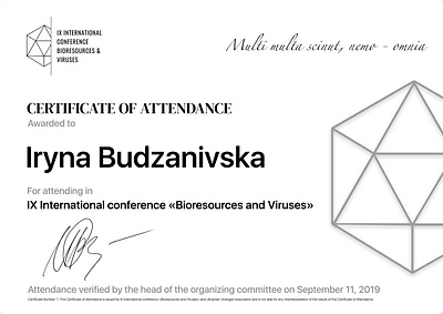 ICBV Certificate of Attendance by Bella Agency bella bella agency bella agency llc bella for science conference covid 19 design icbv innovation logo science ukrainian virologist association virology virus web design wwdc20