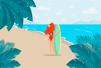 redhead surfer girl by the sea among palm trees cartoon character character creative design flat illustration girl illustration sea sport surf surfer vector