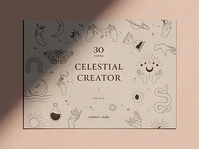 Celestial Creator botanical logo boutique branding celestial feminine hand and moon icons hand logo design hourglass illustration illustration logo magic brand identity minimal marks planet logo design