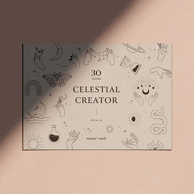 Celestial Creator botanical logo boutique branding celestial feminine hand and moon icons hand logo design hourglass illustration illustration logo magic brand identity minimal marks planet logo design