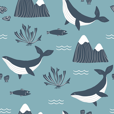 Pacific Northwest Pattern with Whales and Mountains animals fish fishing mountain mountains northwest ocean oceans pacific painting sea vector whale whales