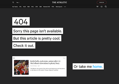 The Athletic new 404 error page 404 404 page article copy dark theme desktop error error page product sports web