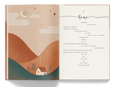 The Etymology of You and Me - Pages design abstract art boho art burnt orange comfort home house illustration minimalism modern art moon mountains poetry book illustration tipography