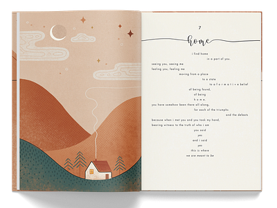 The Etymology of You and Me - Pages design abstract art boho art burnt orange comfort home house illustration minimalism modern art moon mountains poetry book illustration tipography