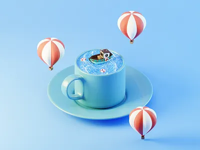 Day 100 Daydream in a Cup 100daysof3d 100daysof3dbytx 3d blender blendercycles boat cup daydream hot air balloon mug ocean the100dayproject